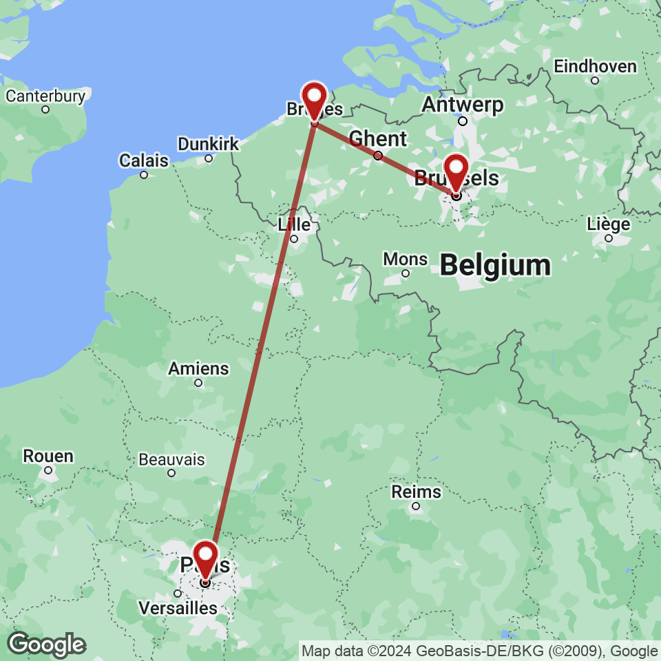 Route for Paris, Bruges, Brussels tour